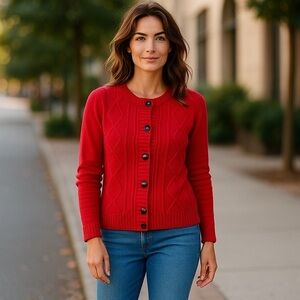 Karen Scott Cardigan Sweater Womens S Red Chunky Cable Knit Granny Cozy Academia